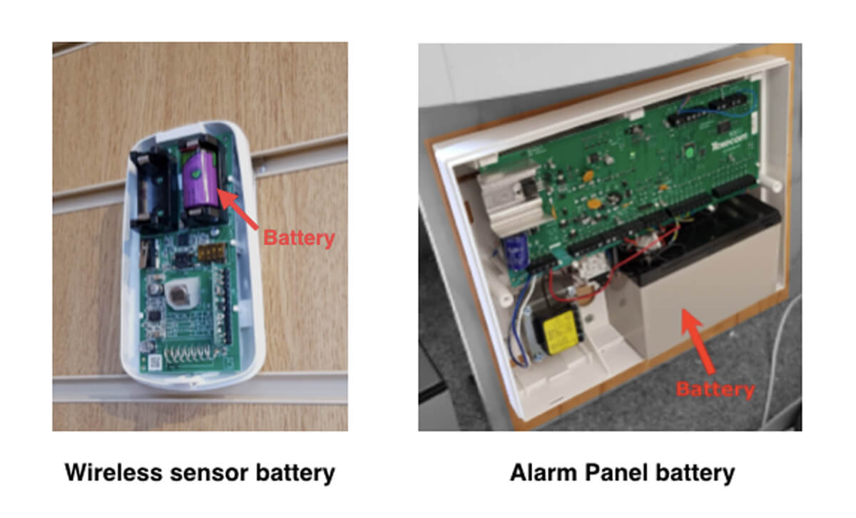 Alarm system panel battery with sensor battery