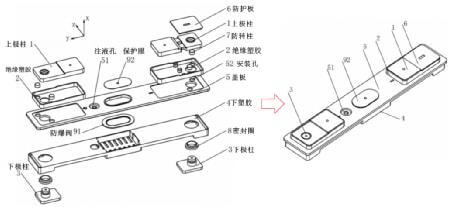 Schematic diagram of typical top cover structure of prismatic battery