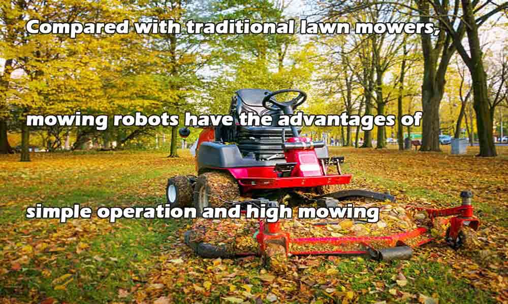Red lawn mower in autumn park in between mowing.
