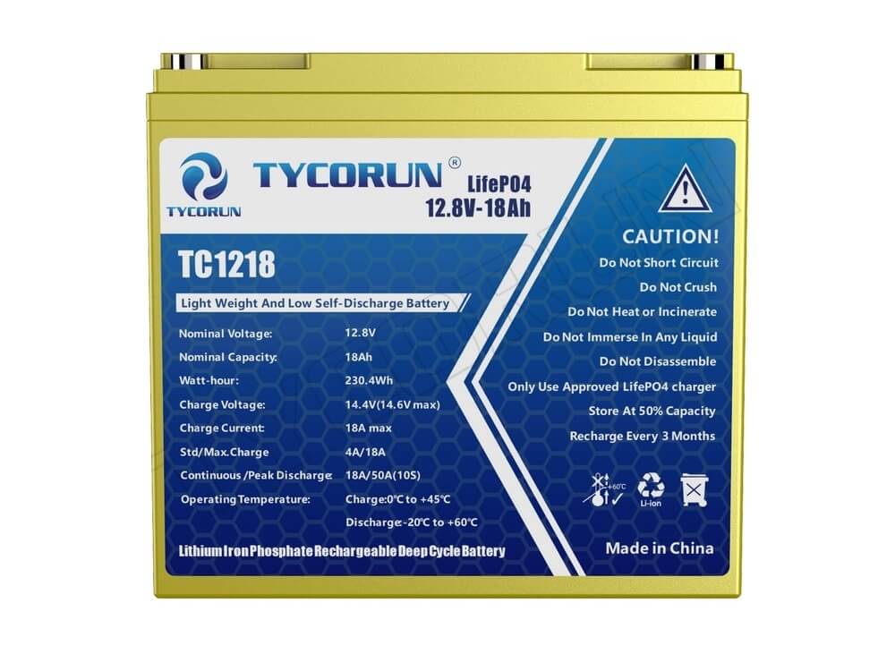 Specification of TYCORUN lithium iron phosphate 12v 18ah battery