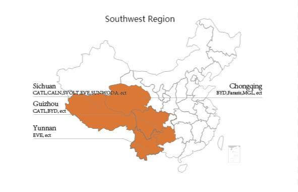 Distribución de las empresas de baterías eléctricas en el suroeste de China