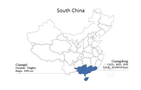 Distribution of power battery companies in South China