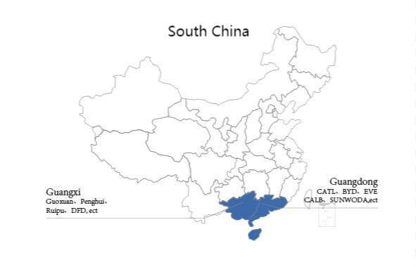 Distribución de empresas de baterías eléctricas en el sur de China